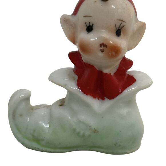 Mid Century Pixie Elf Ceramic Figurine Red Hat Coat Green Shoe Japan Christmas - Picture 3 of 13